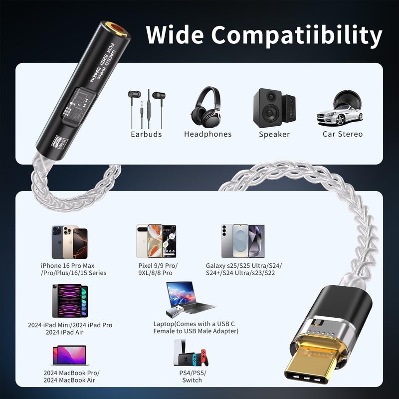 BZINK محول صوت USB Type-C إلى 3.5mm لسماعات الرأس، محول DAC عالي الدقة مع كابل نحاسي فضي مطلي ب 8 خيوط 4N، USB C إلى aux لأجهزة Android و iPhone و PC و Mac (أخضر) - Image 5